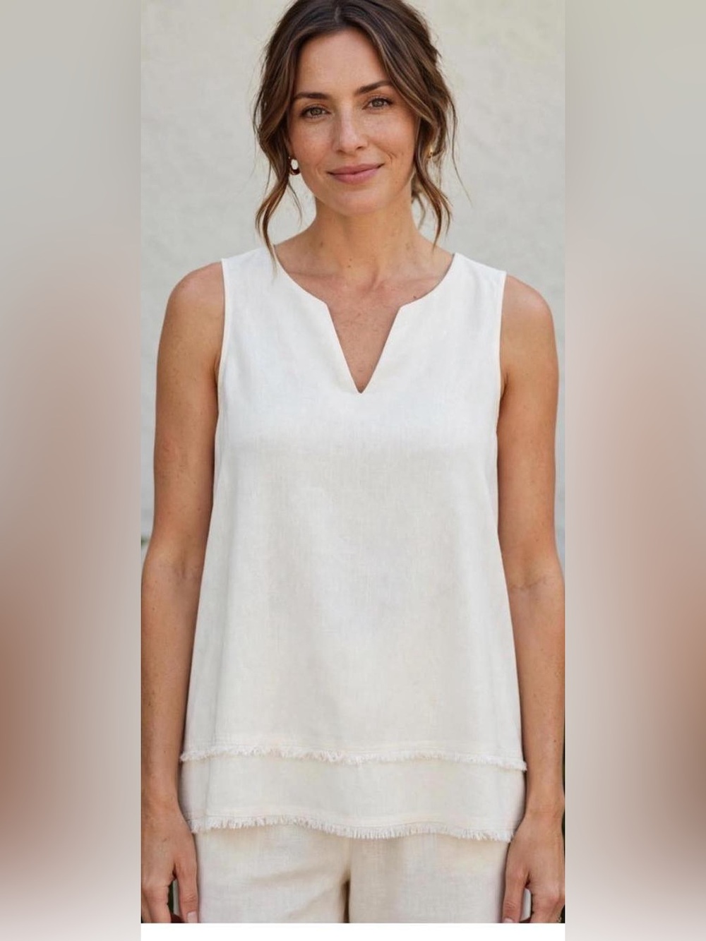 Cotton Box Cream Sleeveless V-Notch Fringe Detail Tank